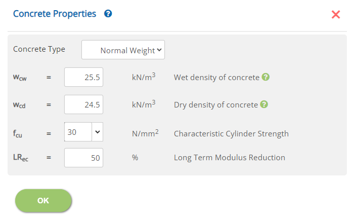 ECCOMPBEAM Concrete Properties